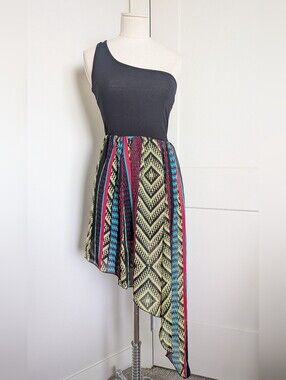 Material Girl One Shoulder Asymmetric Hem Boho Aztec Black Dress Small